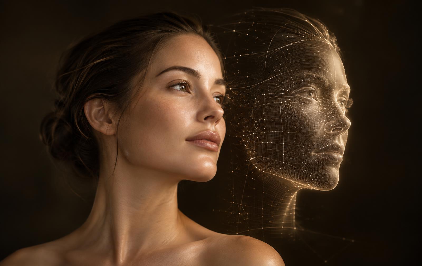 A woman beside the glowing 3D digital twin of her face — Aura AI skin analysis