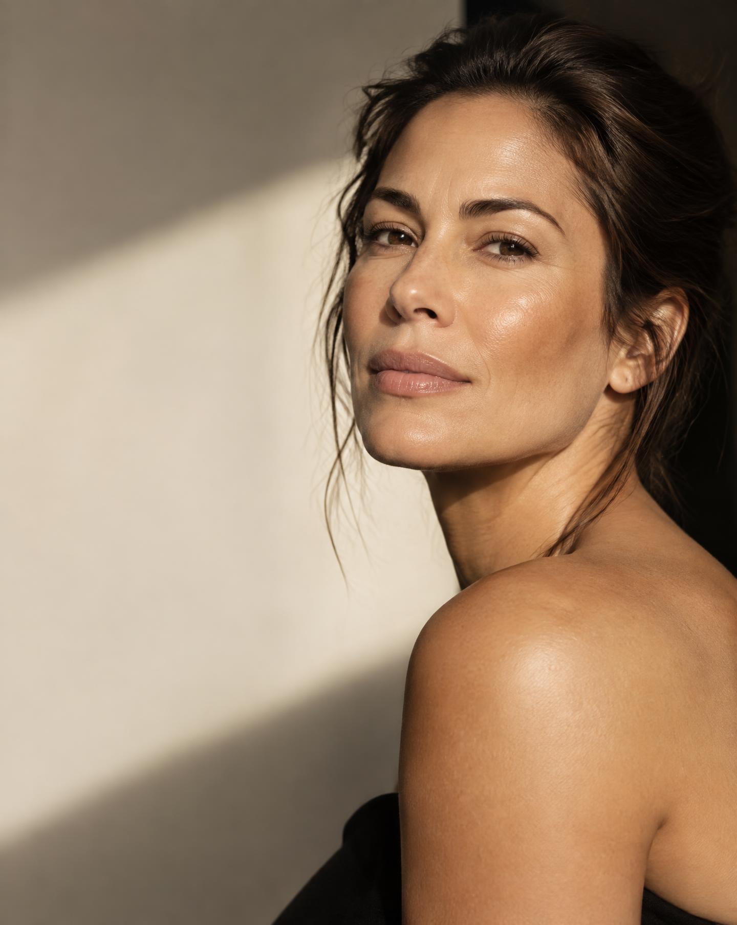 Woman with naturally luminous, healthy skin in warm sunlight