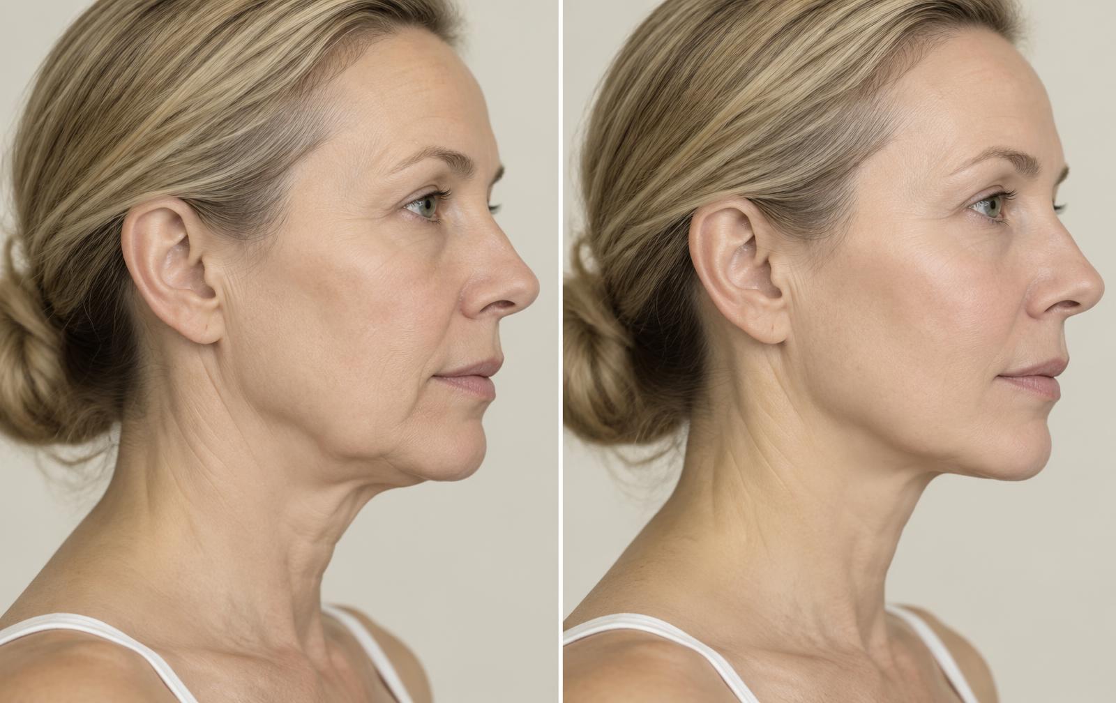 Before and after side profile comparison illustrating subtle skin lifting and tightening after XERF